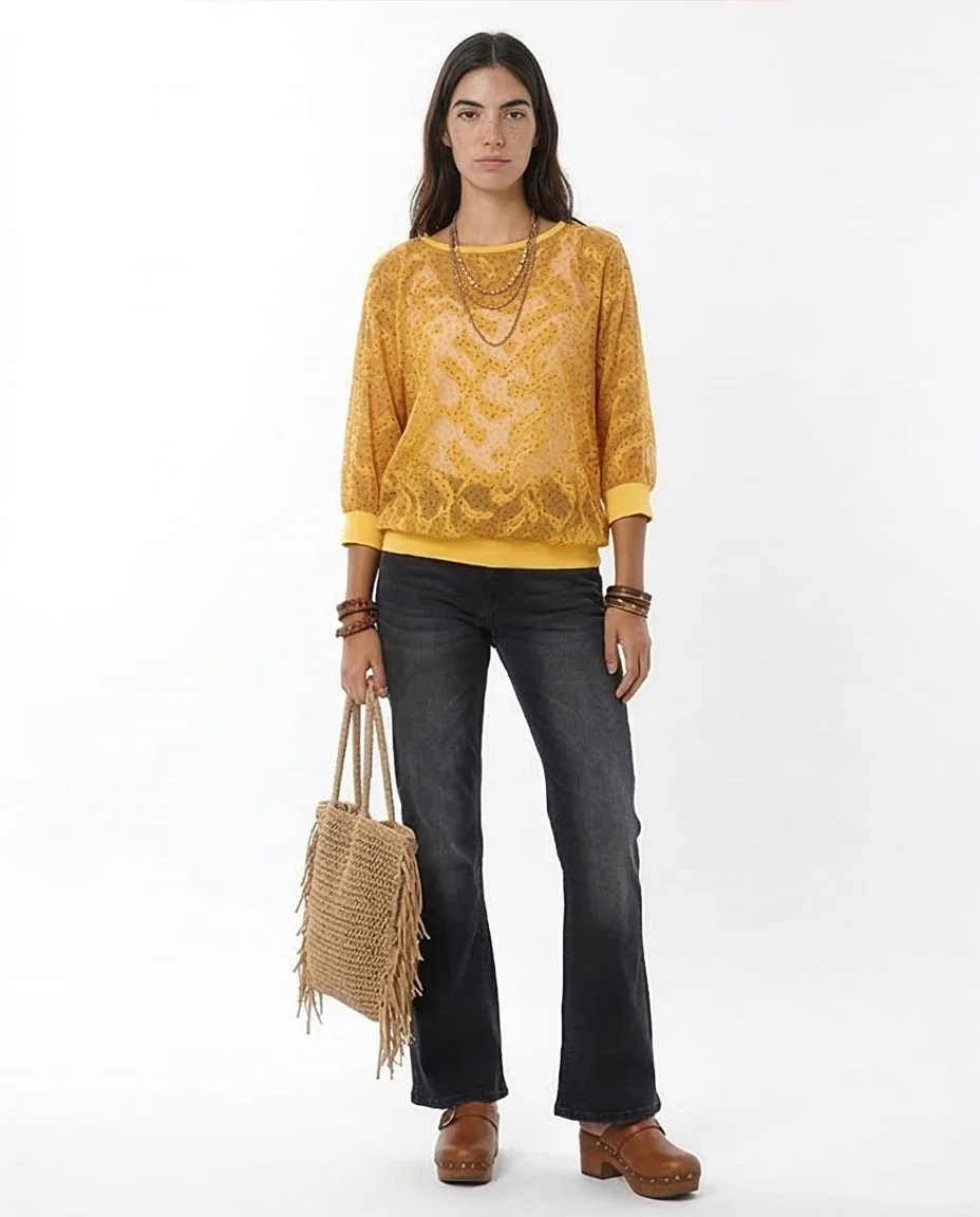 Ravin Women’s Sheer Flocked Mesh Top with Ribbed Trim – Yellow - 57059 - Image 3