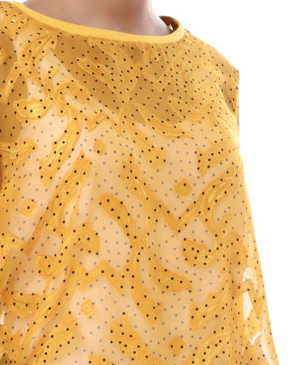 Ravin Women’s Sheer Flocked Mesh Top with Ribbed Trim – Yellow - 57059 - Image 4