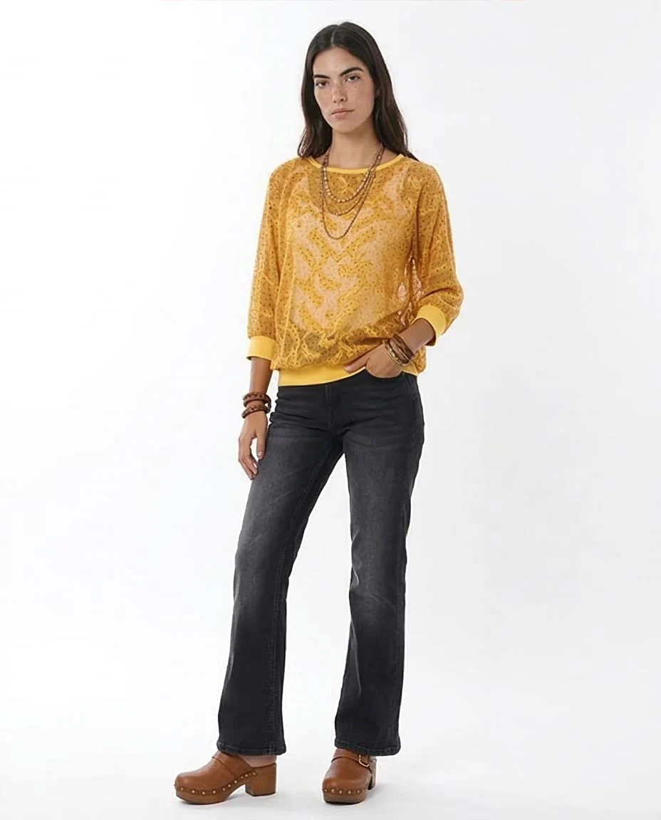 Ravin Women’s Sheer Flocked Mesh Top with Ribbed Trim – Yellow - 57059 - Image 5