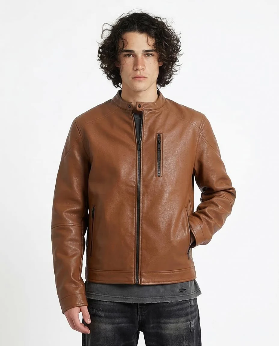 Ravin Men's Cognac Faux-Leather Cafe Racer Jacket - 95853