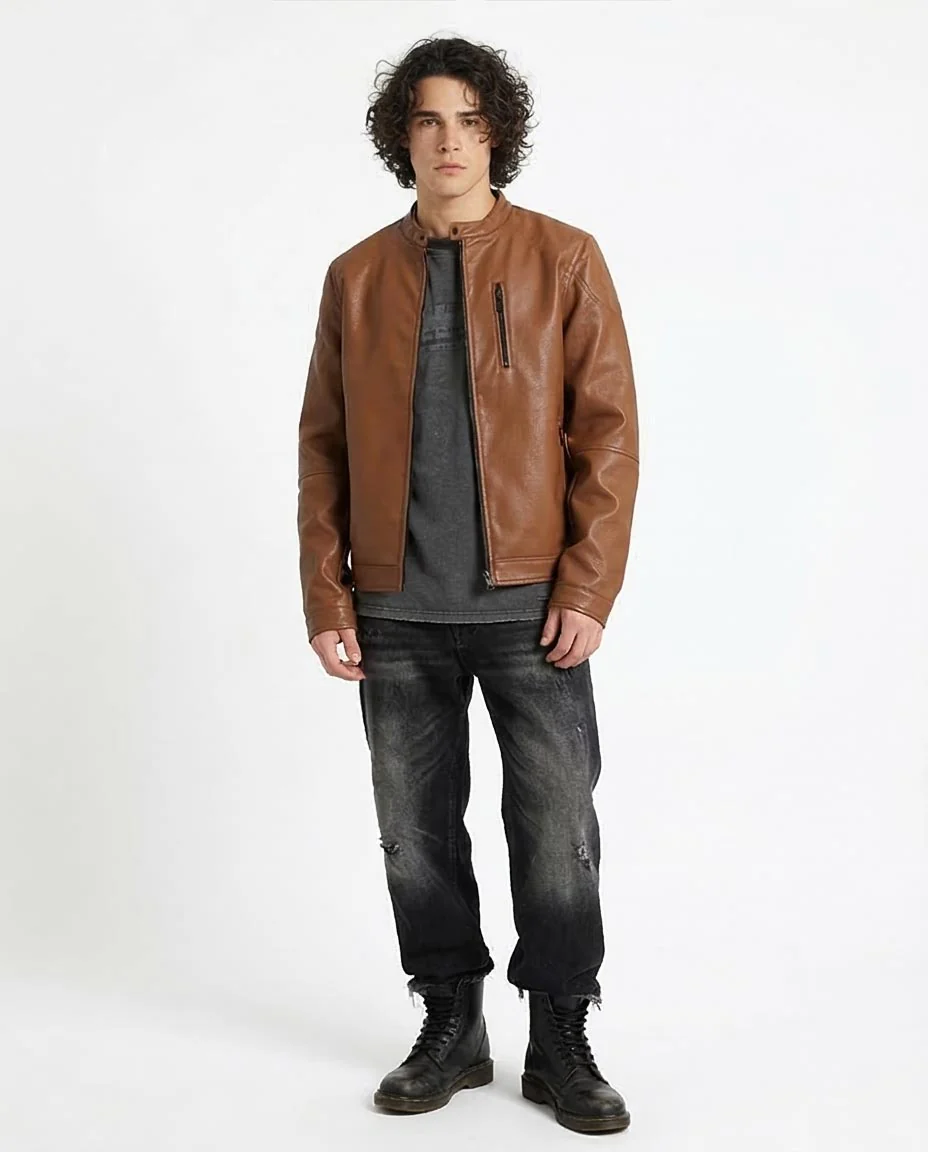 Ravin Men's Cognac Faux-Leather Cafe Racer Jacket - 95853 - Image 3