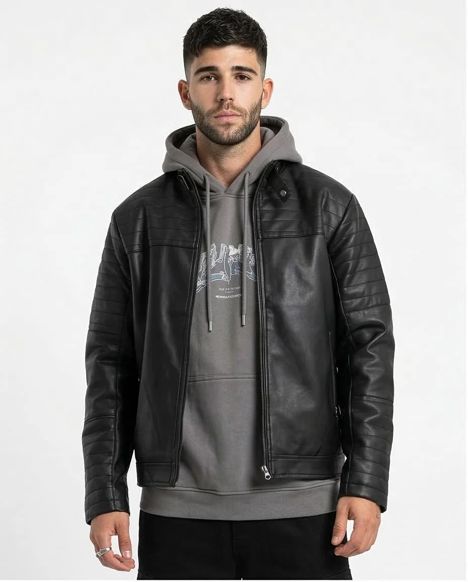 Ravin Men's Faux-Leather Moto Jacket with Quilted Panel Shoulders – Black - O156165