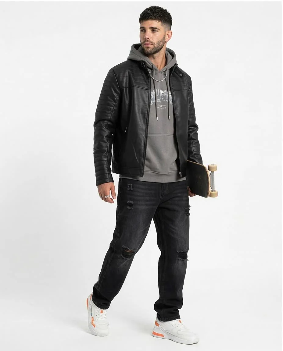 Ravin Men's Faux-Leather Moto Jacket with Quilted Panel Shoulders – Black - O156165 - Image 3