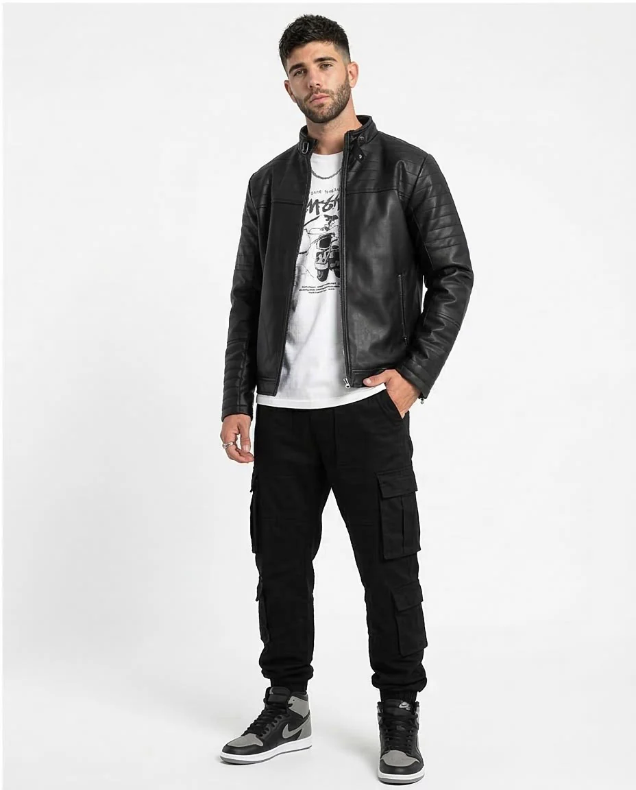 Ravin Men's Faux-Leather Moto Jacket with Quilted Panel Shoulders – Black - O156165 - Image 5