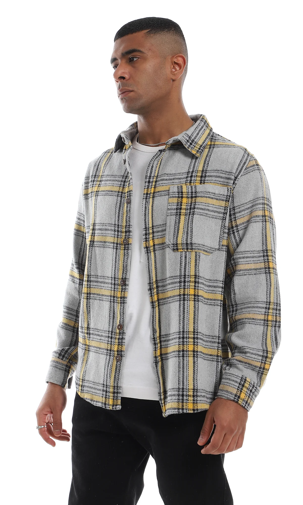 O158847 Plaids Full Buttoned Classic Collar Grey & Yellow Winter Shirt - Image 3
