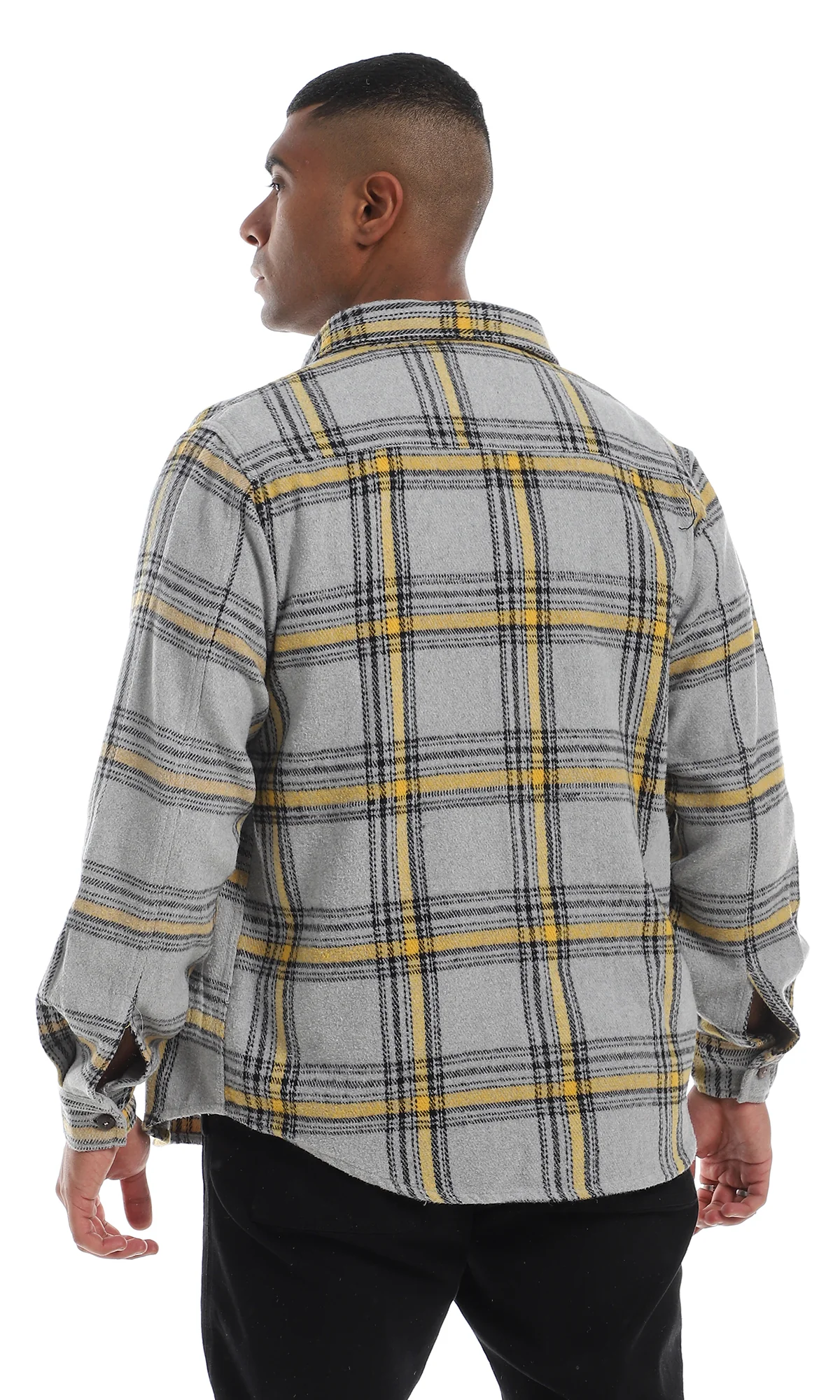 O158847 Plaids Full Buttoned Classic Collar Grey & Yellow Winter Shirt - Image 4