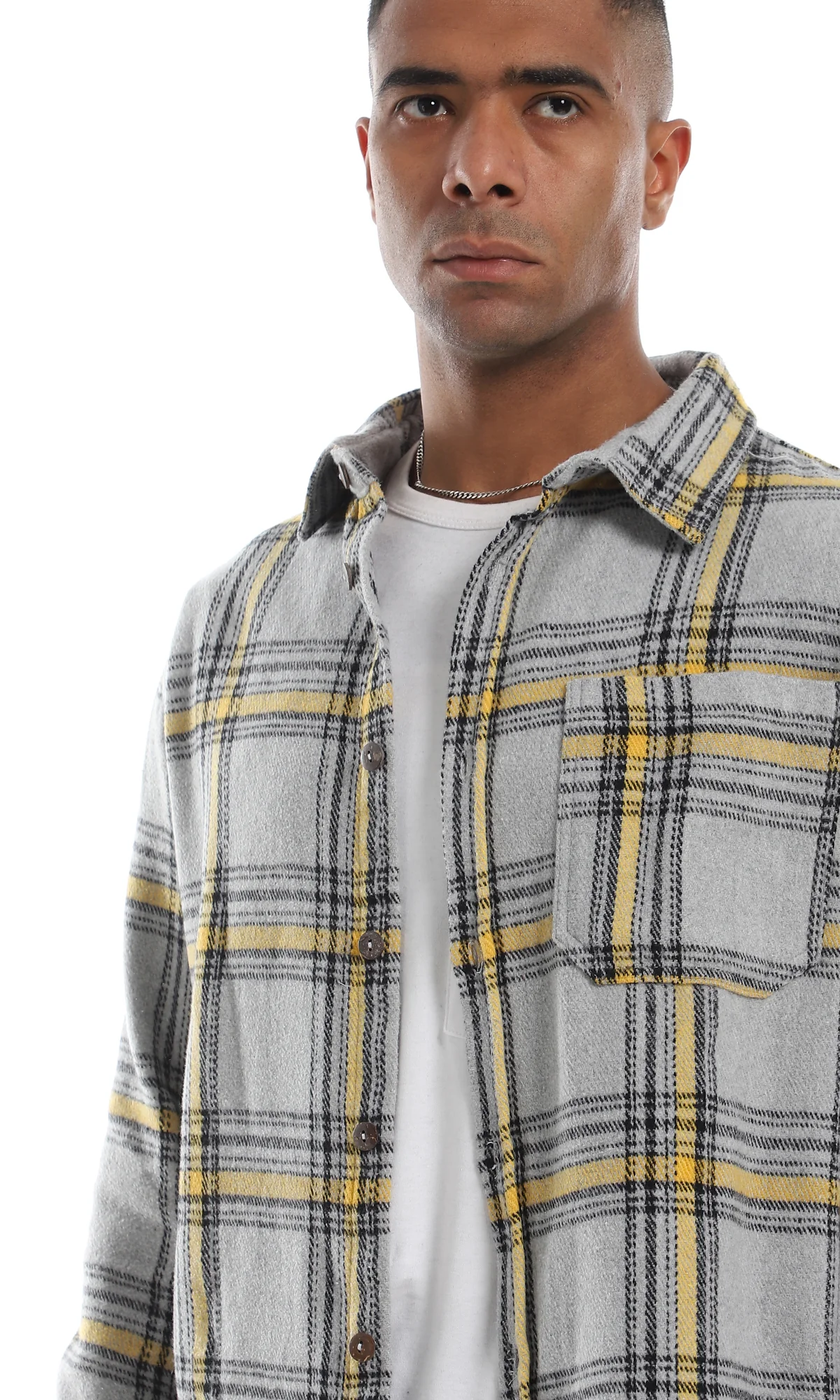 O158847 Plaids Full Buttoned Classic Collar Grey & Yellow Winter Shirt - Image 5
