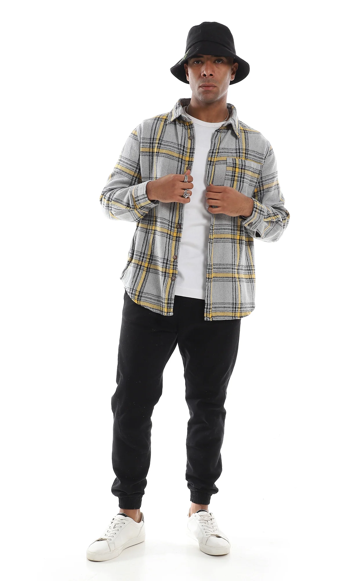 O158847 Plaids Full Buttoned Classic Collar Grey & Yellow Winter Shirt - Image 6