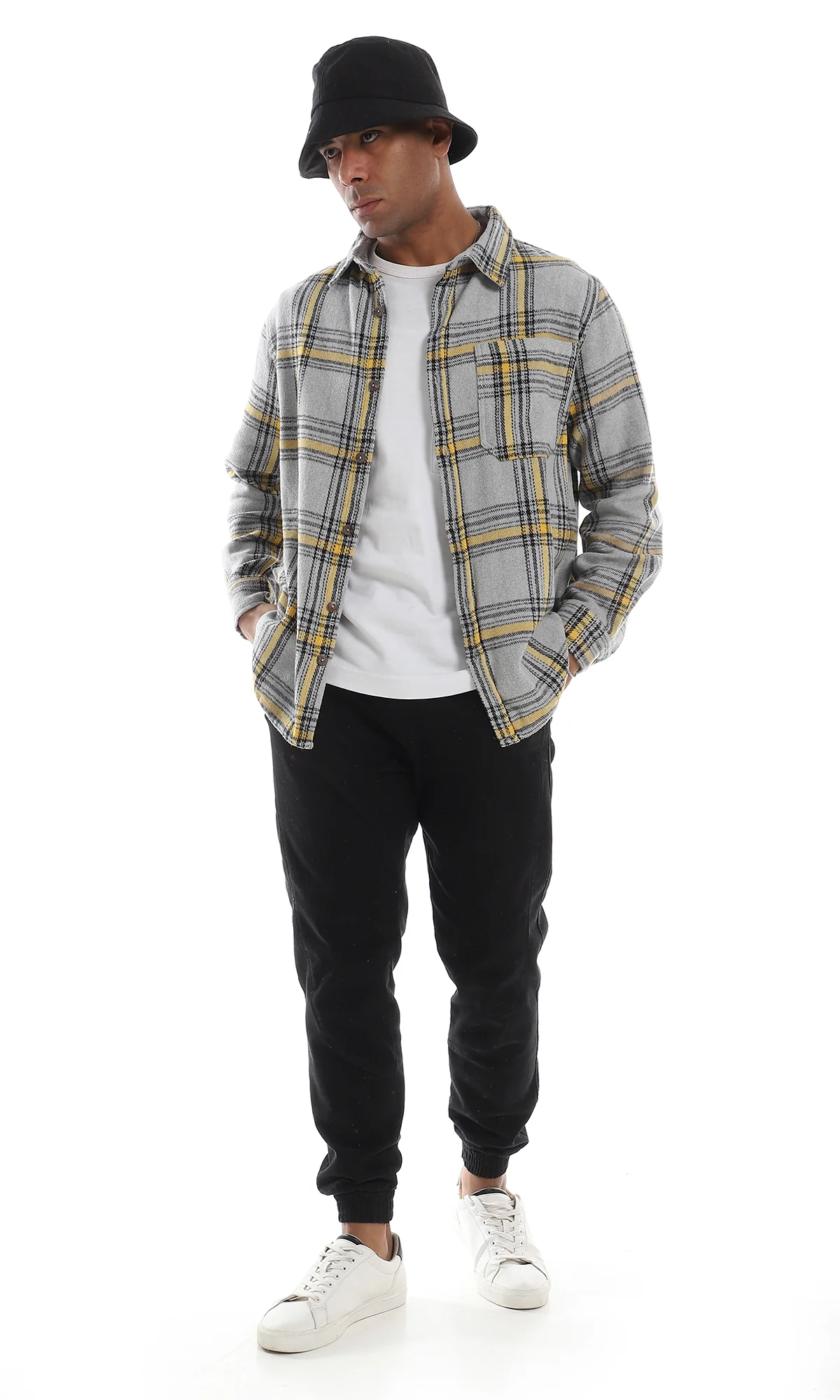 O158847 Plaids Full Buttoned Classic Collar Grey & Yellow Winter Shirt - Image 7