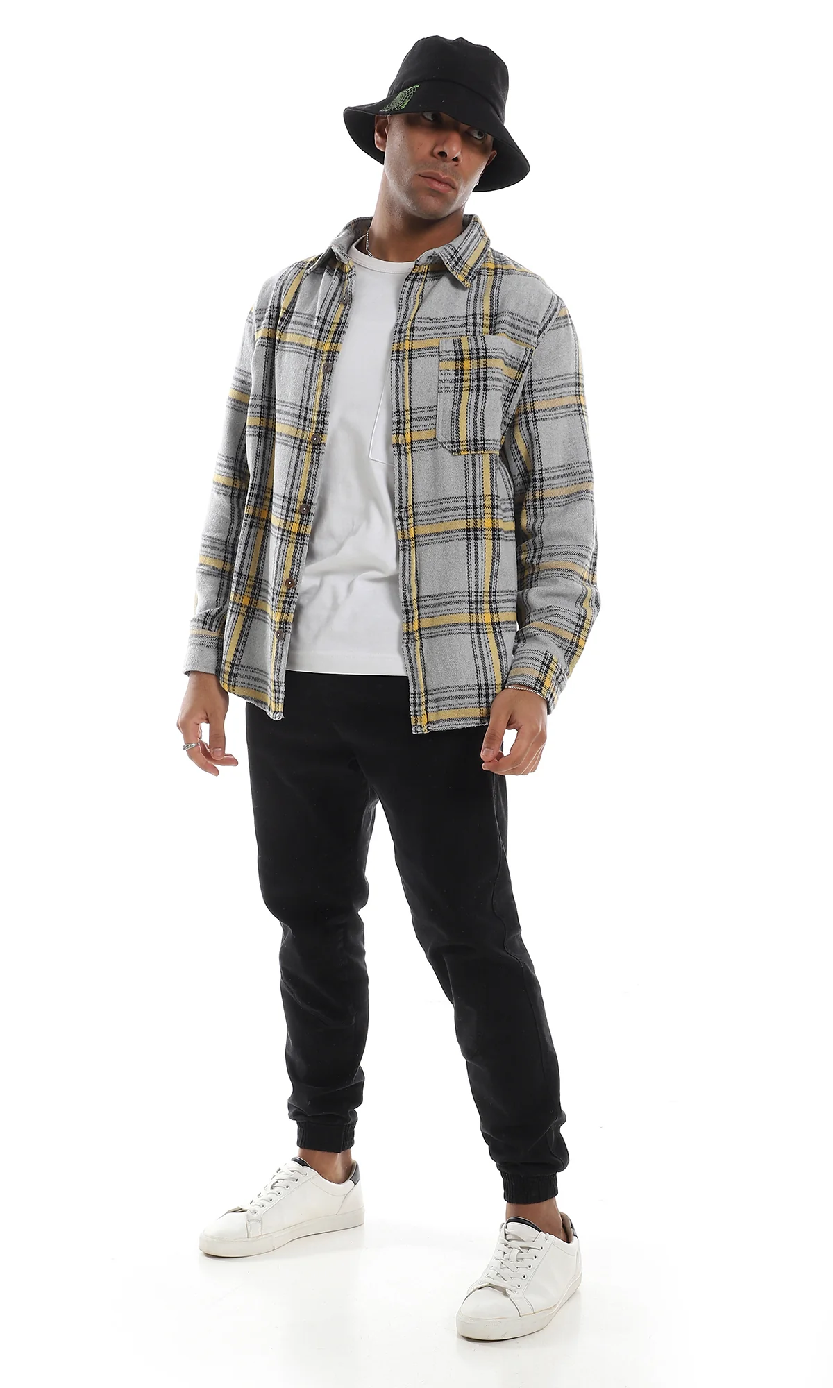 O158847 Plaids Full Buttoned Classic Collar Grey & Yellow Winter Shirt - Image 8