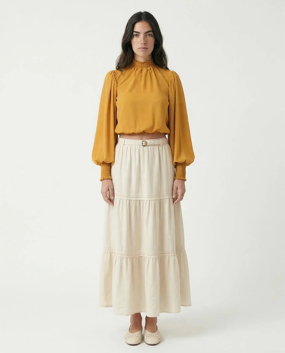 Ravin Mustard Smocked High-Neck Crop Blouse with Balloon Sleeves - O168191 - Image 3