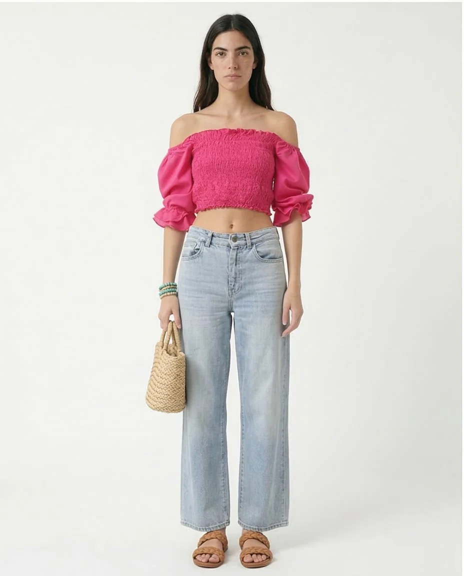 Ravin Off-The-Shoulder Smocked Crop Top - Fuchsia Pink - O168789 - Image 3