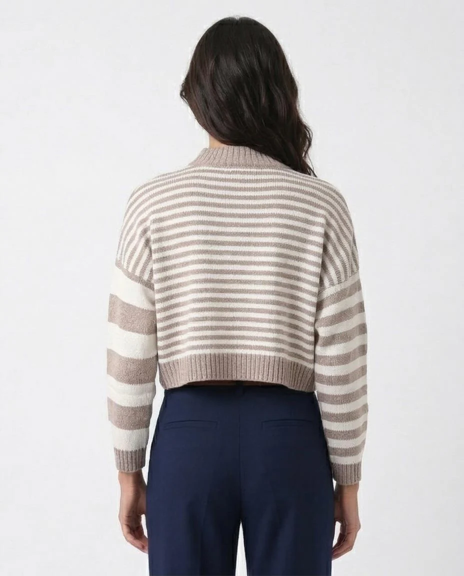 Bi-Tone Long Sleeves White & Taupe Pullover - O171365 - Image 2