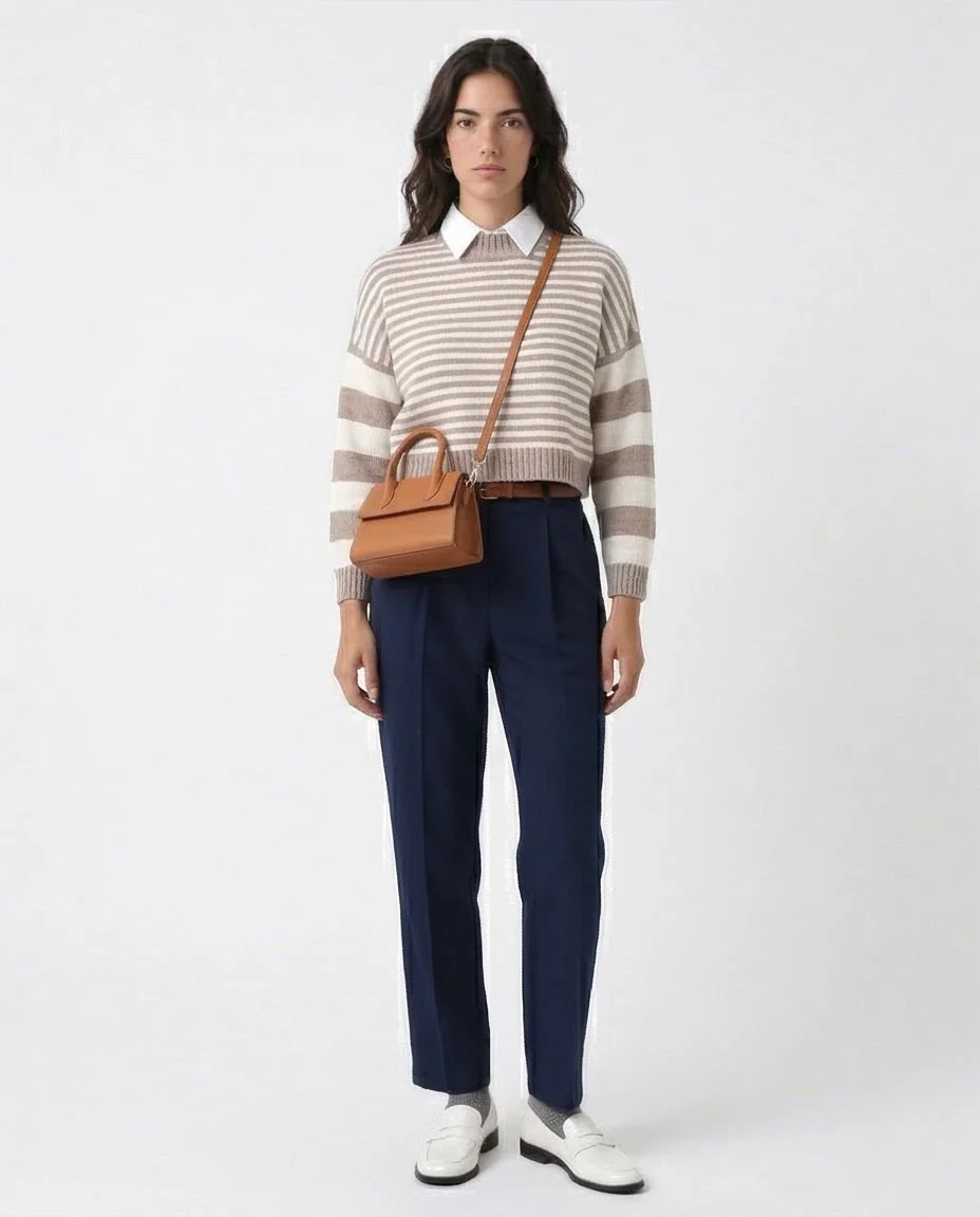 Bi-Tone Long Sleeves White & Taupe Pullover - O171365 - Image 3
