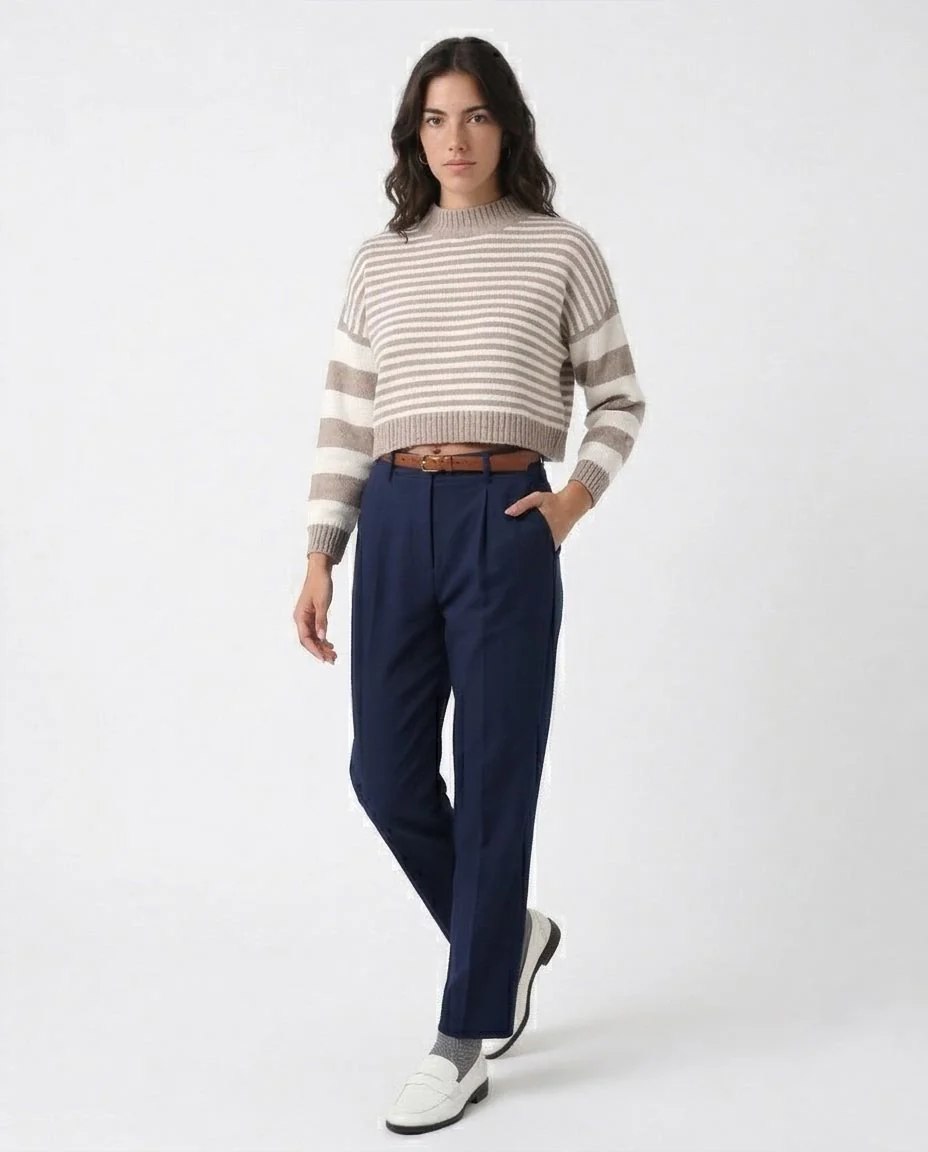 Bi-Tone Long Sleeves White & Taupe Pullover - O171365 - Image 5
