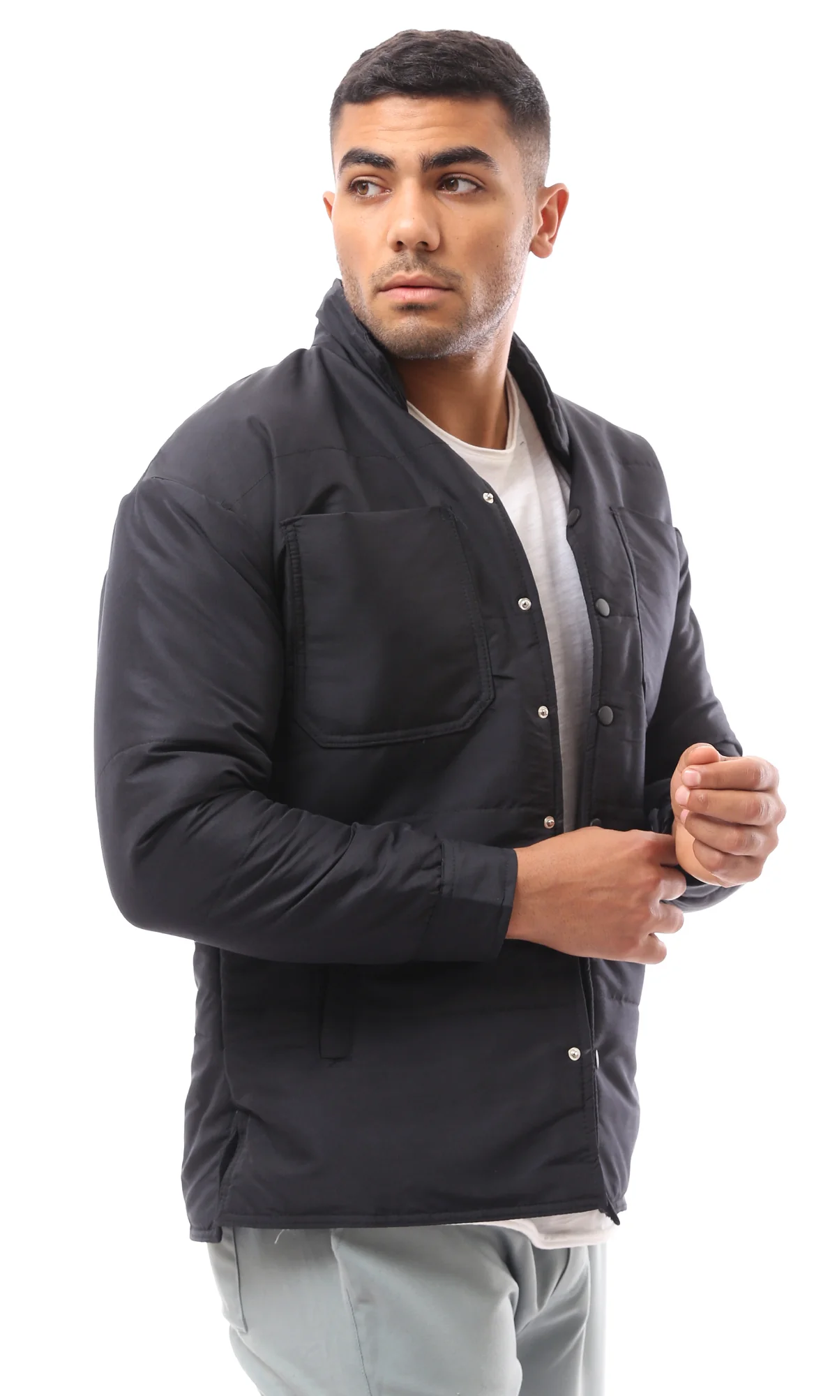 O171912 Black Stitched Buttoned Puffer Jacket - Image 2