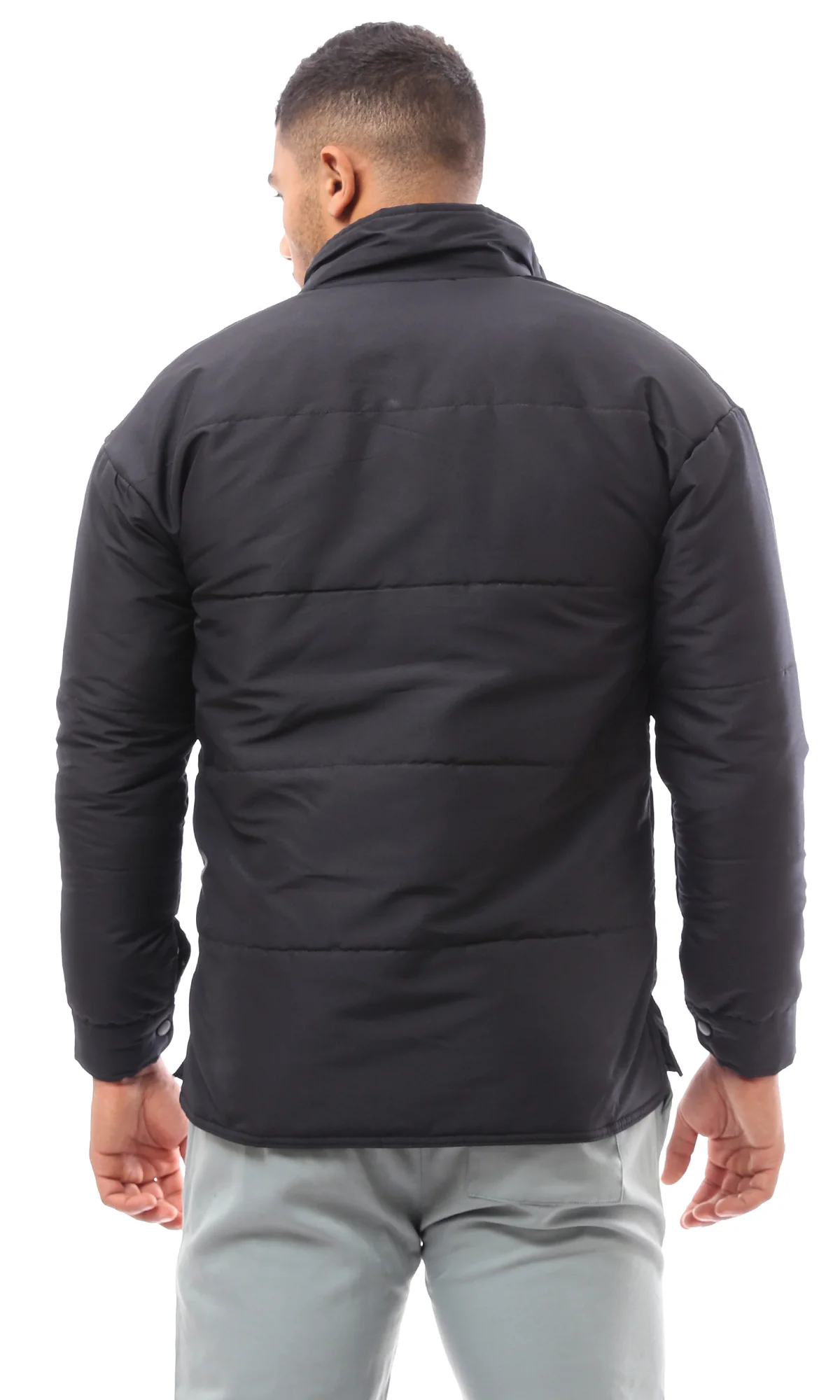 O171912 Black Stitched Buttoned Puffer Jacket - Image 3