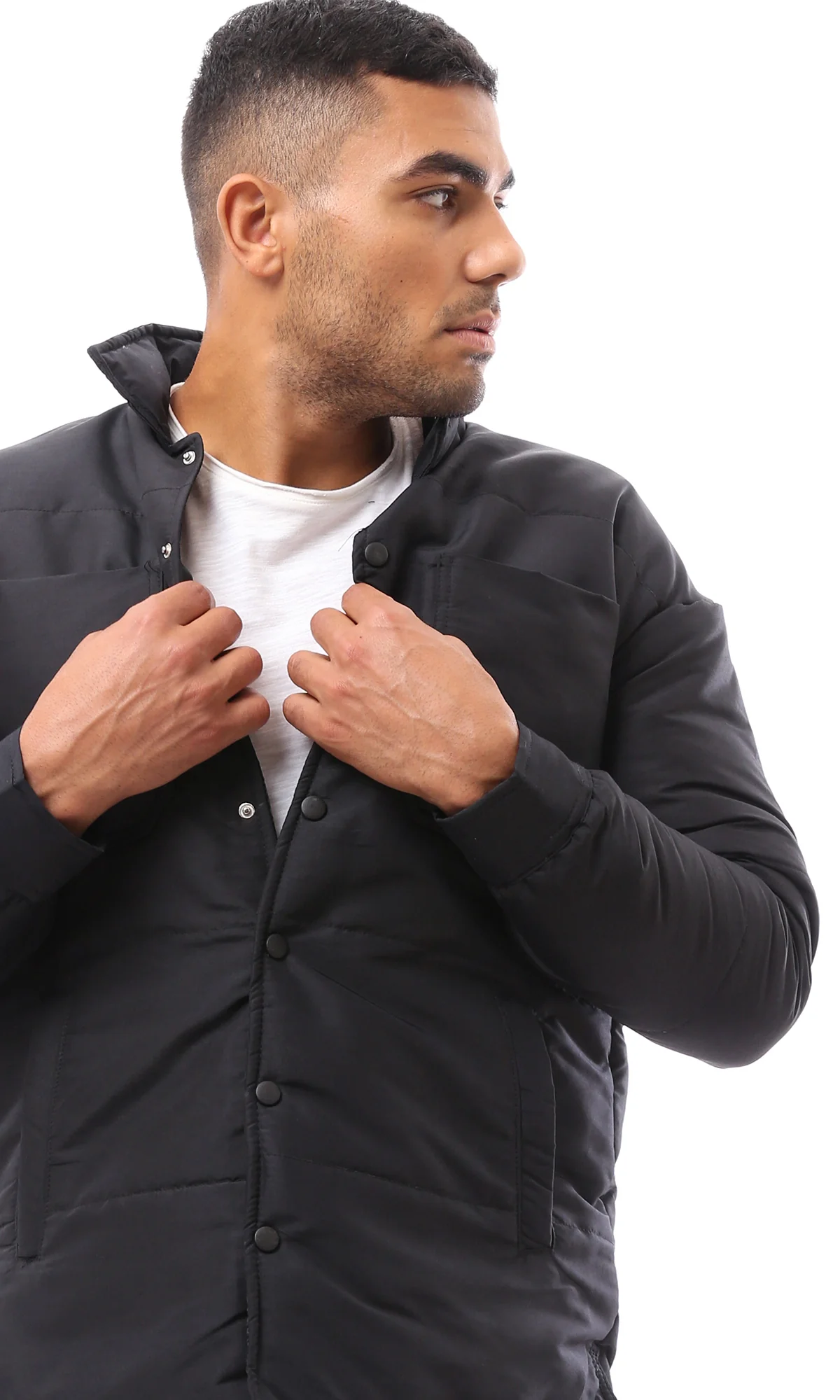 O171912 Black Stitched Buttoned Puffer Jacket - Image 4