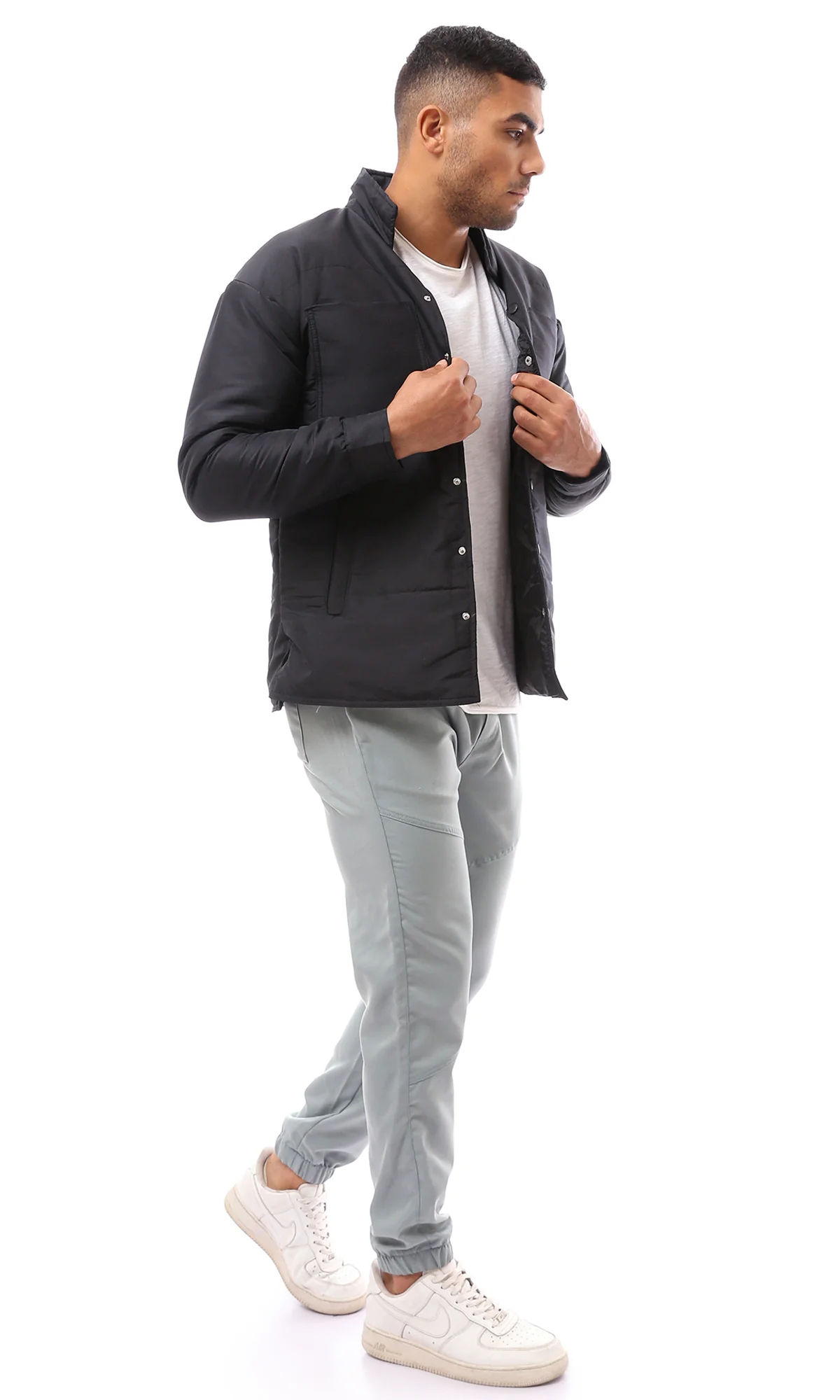 O171912 Black Stitched Buttoned Puffer Jacket - Image 5