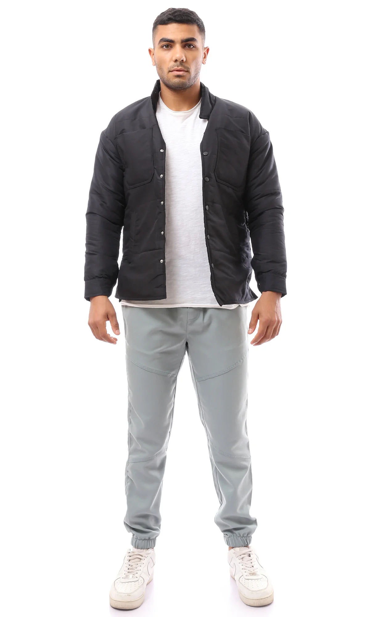 O171912 Black Stitched Buttoned Puffer Jacket - Image 6