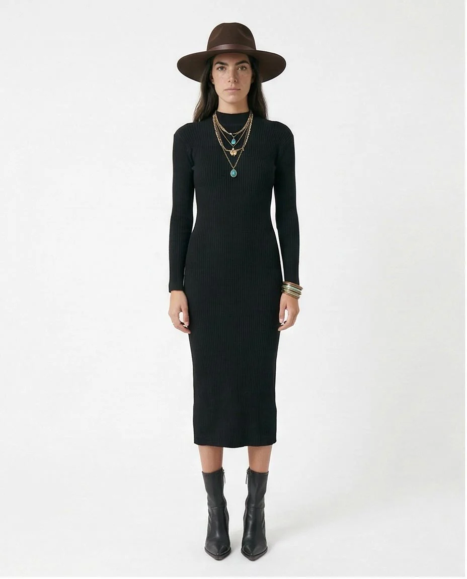 Ravin Ribbed Mock Neck Bodycon Dress in Modern Boho Style - o172553