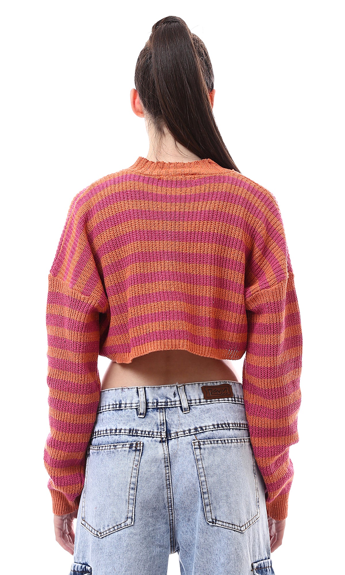 O172579 Mock Neck Winter Striped Cropped Pullover - Fuchsia & Orange - Image 3