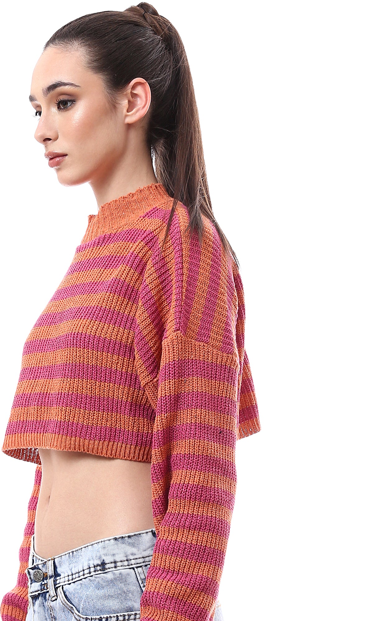 O172579 Mock Neck Winter Striped Cropped Pullover - Fuchsia & Orange - Image 4
