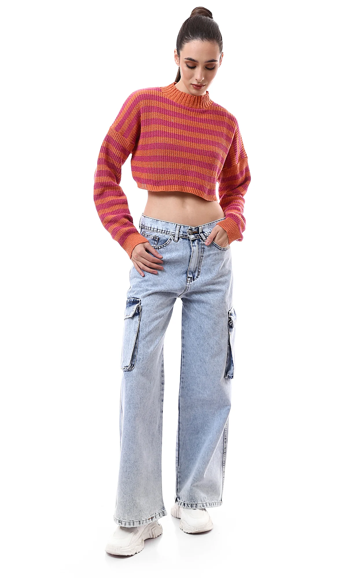 O172579 Mock Neck Winter Striped Cropped Pullover - Fuchsia & Orange - Image 5
