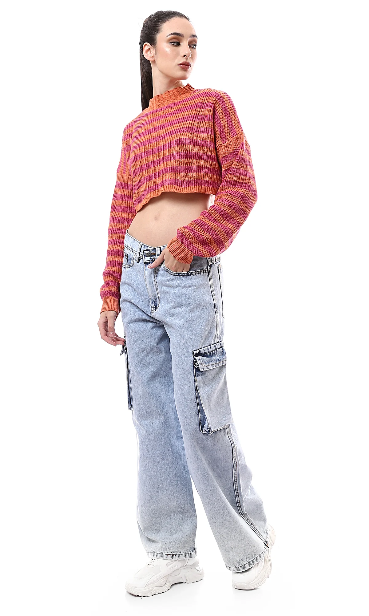 O172579 Mock Neck Winter Striped Cropped Pullover - Fuchsia & Orange - Image 6