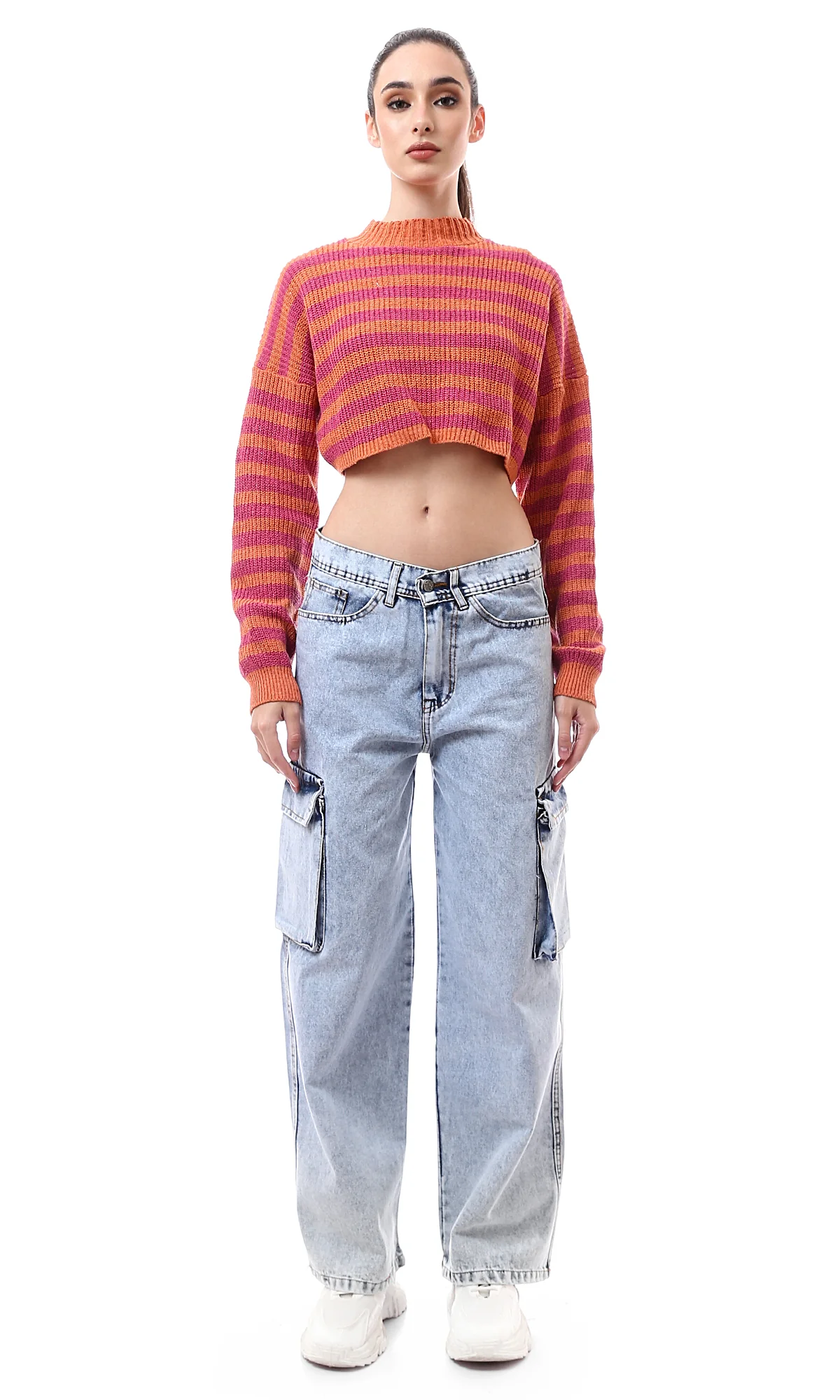 O172579 Mock Neck Winter Striped Cropped Pullover - Fuchsia & Orange - Image 7