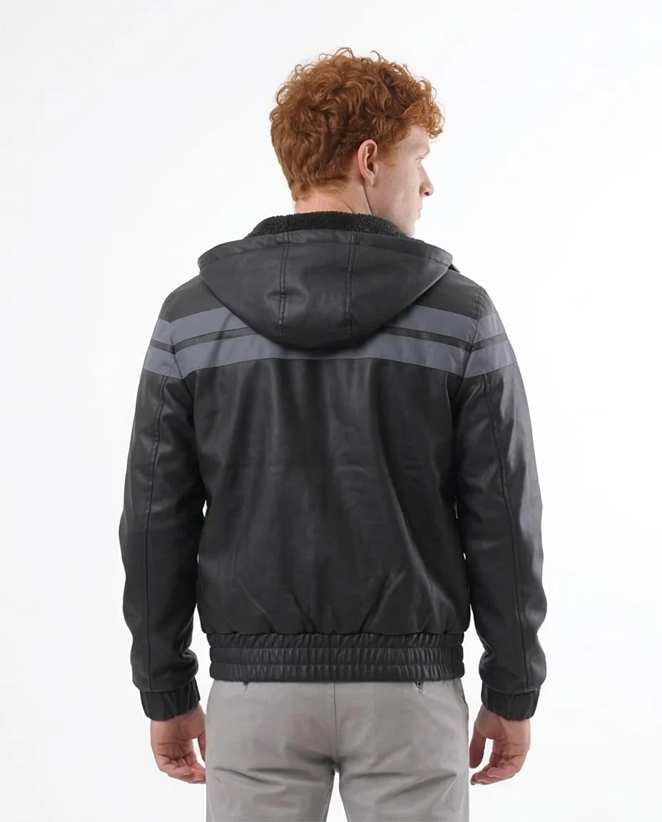 Ravin Men's Hooded Faux-Leather Bomber Jacket - Grey Striped Detail - o173264 - Image 2