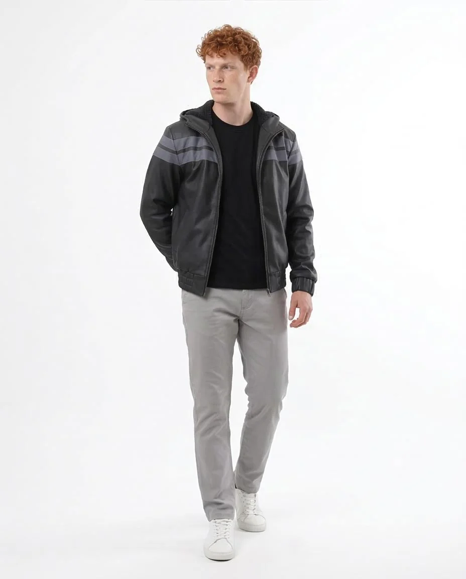Ravin Men's Hooded Faux-Leather Bomber Jacket - Grey Striped Detail - o173264 - Image 3