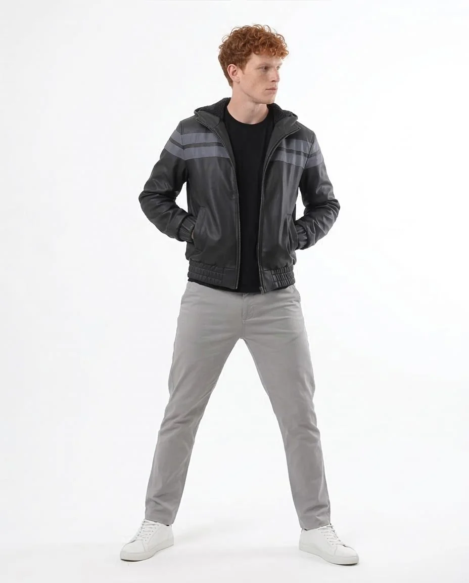 Ravin Men's Hooded Faux-Leather Bomber Jacket - Grey Striped Detail - o173264 - Image 5