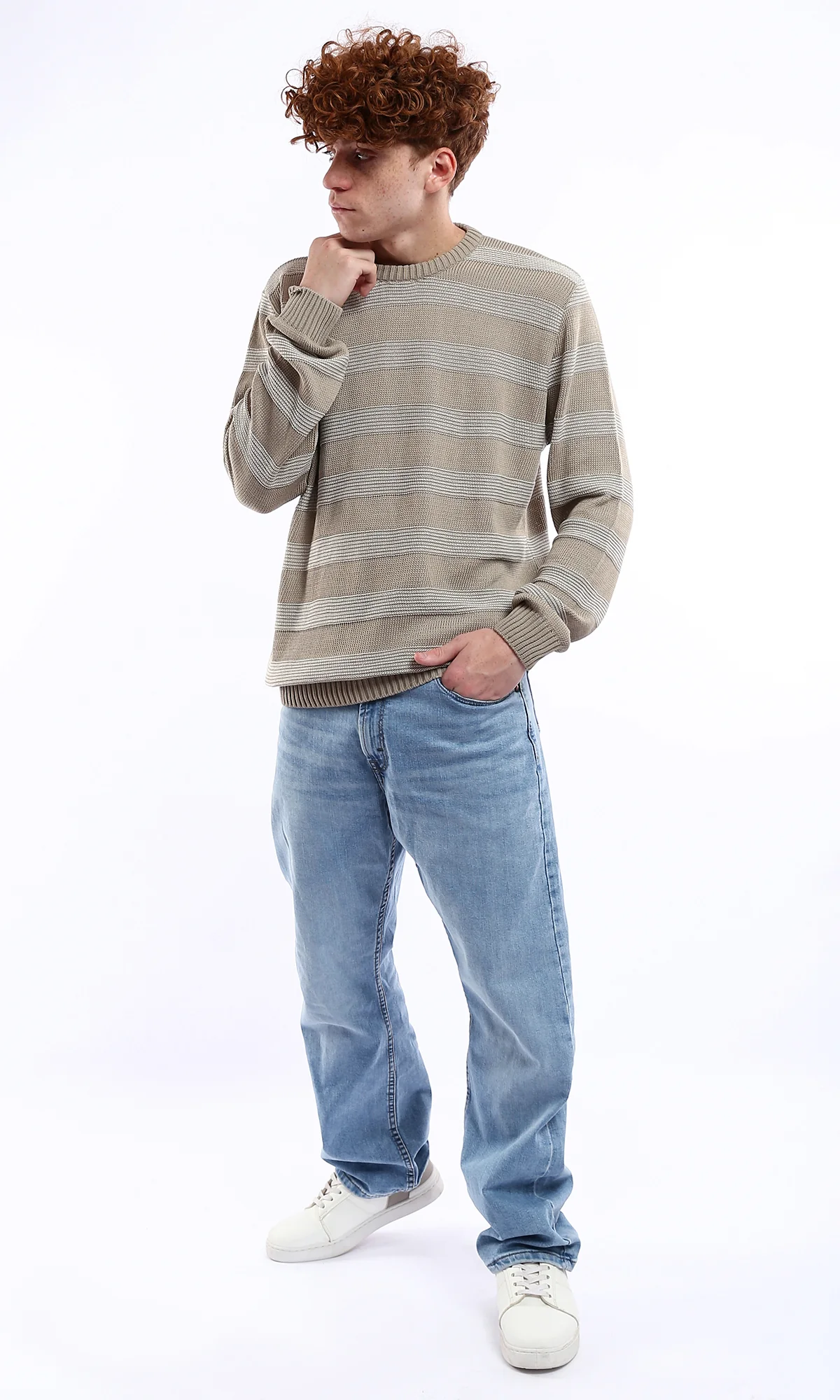 O173595 Knitted Light Taupe & White Relaxed Lightweight Pullover - Image 5