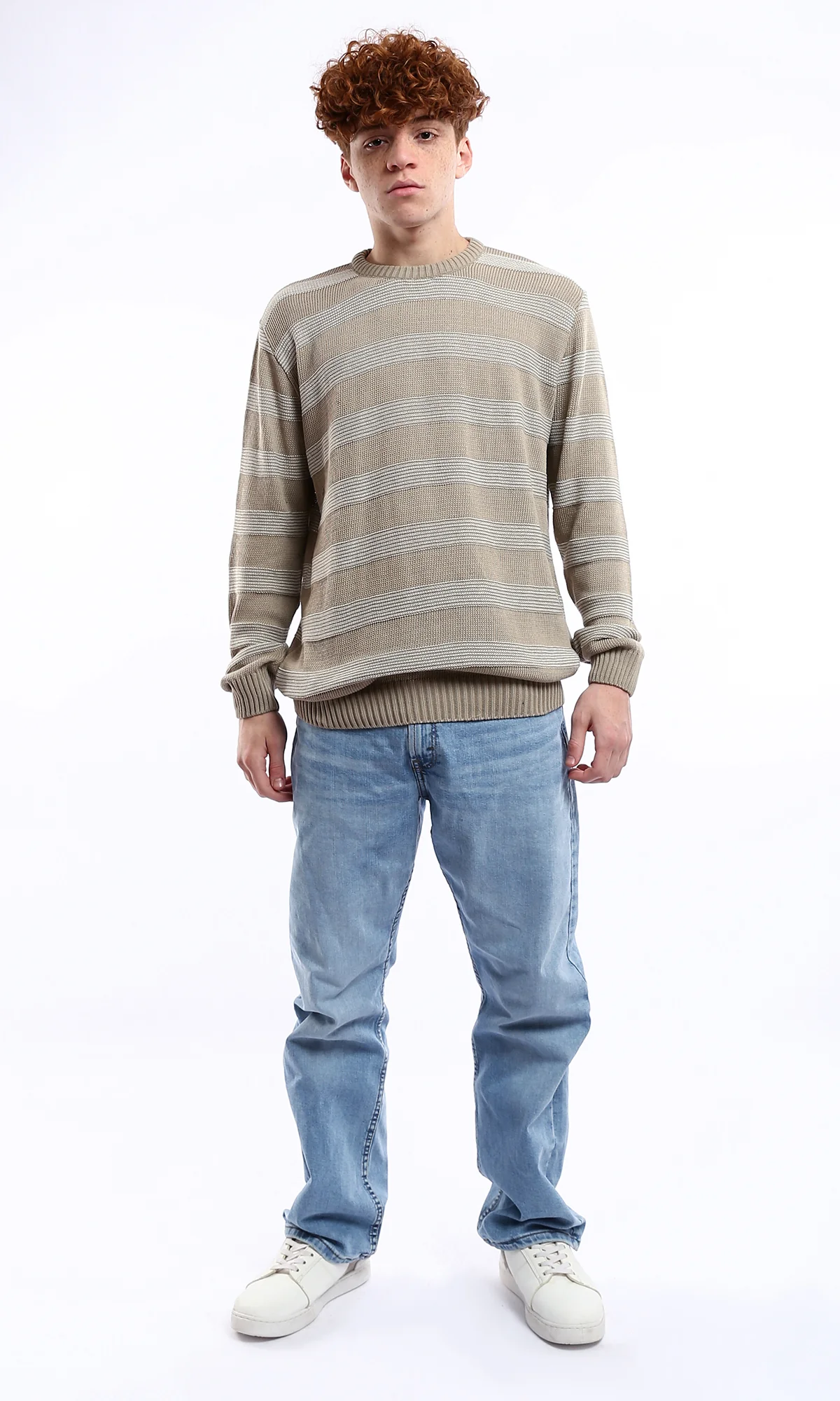 O173595 Knitted Light Taupe & White Relaxed Lightweight Pullover - Image 7