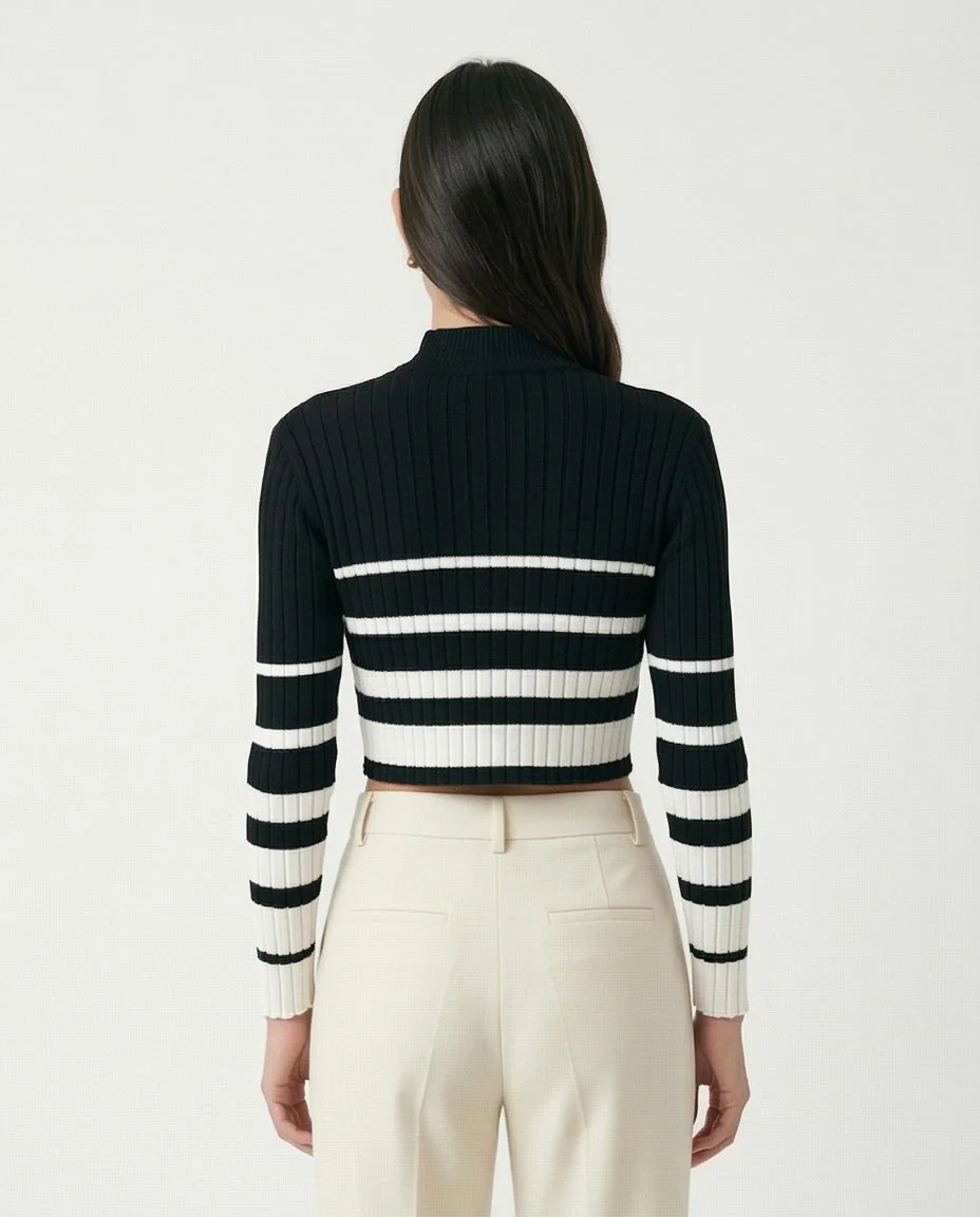 O174522 Black Soft Basic Pullover With White Stripes - Image 2