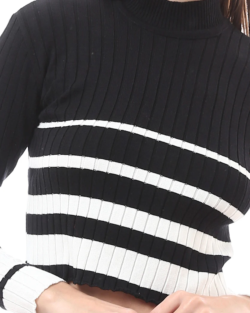 O174522 Black Soft Basic Pullover With White Stripes - Image 3