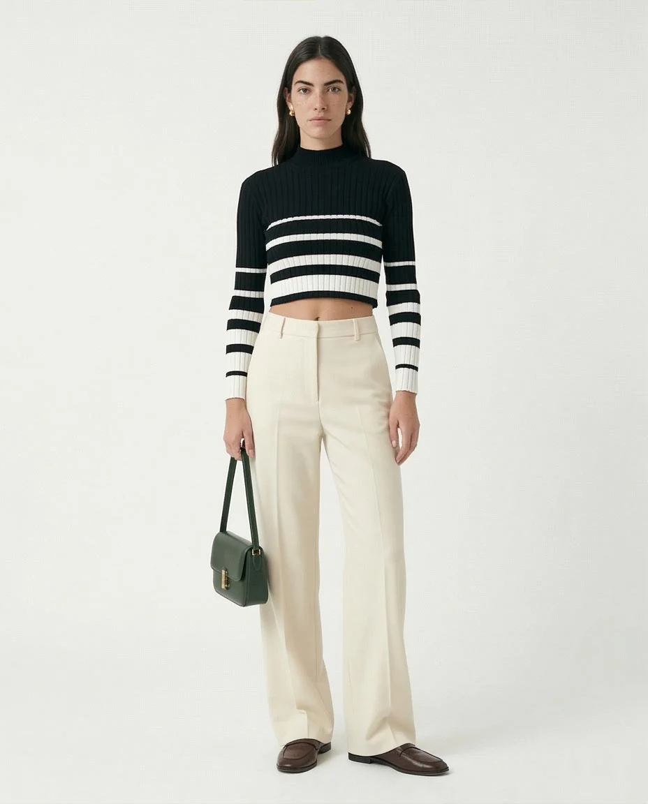 O174522 Black Soft Basic Pullover With White Stripes - Image 4