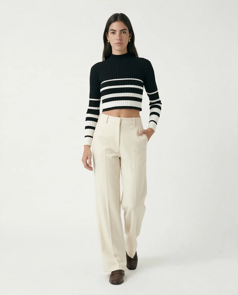 O174522 Black Soft Basic Pullover With White Stripes - Image 5