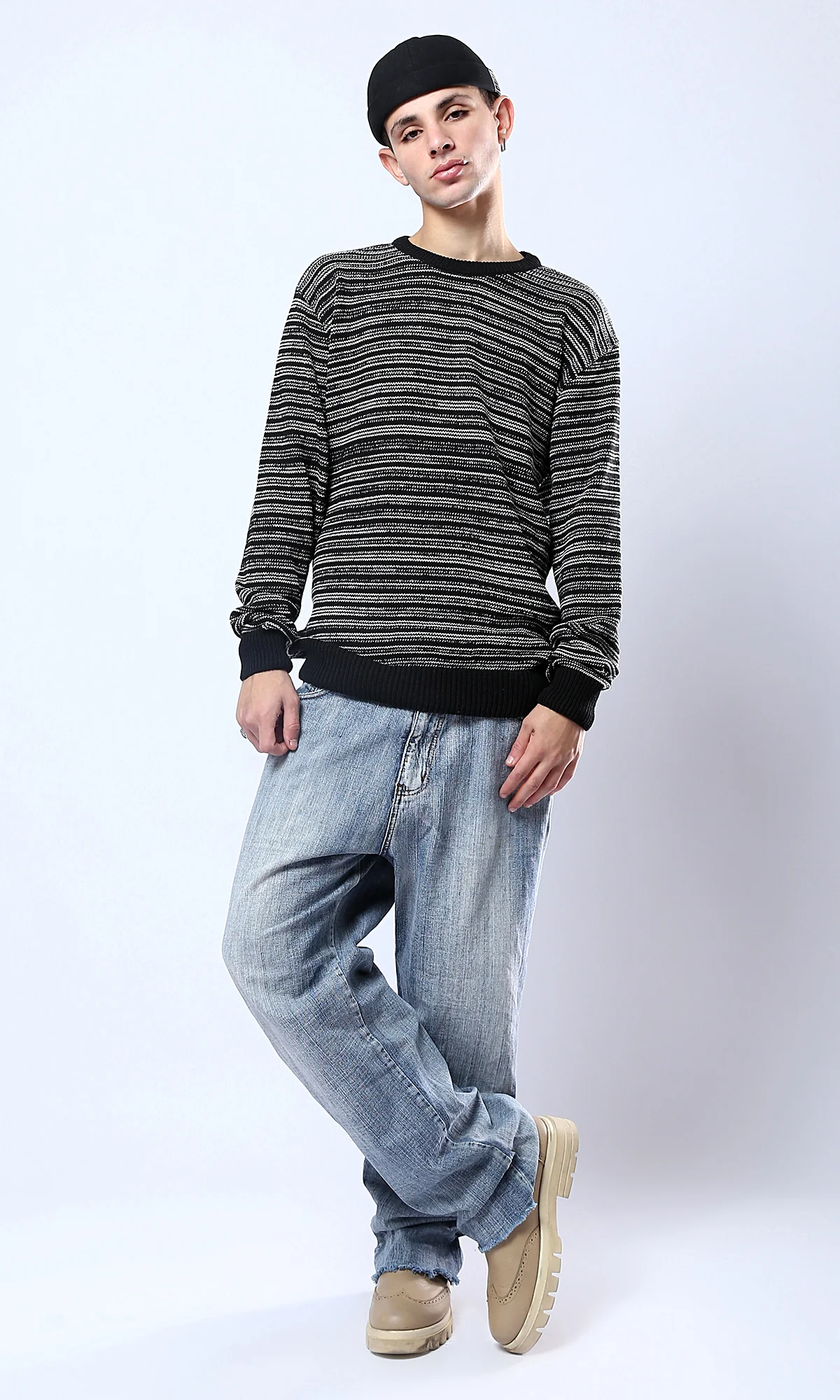 O174999 Black & White Relaxed Slip On Winter Pullover - Image 6