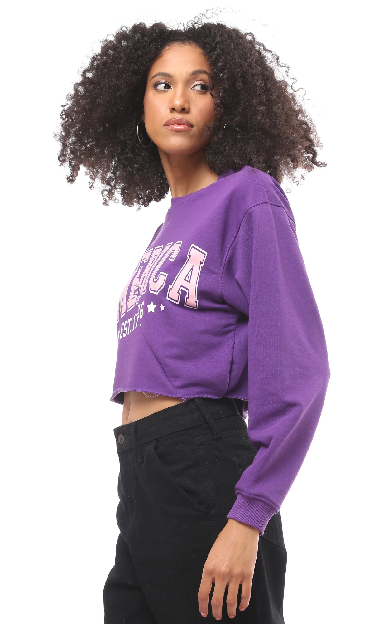 O175018 Front Cut Printed Purple Short Sweatshirt - Image 2
