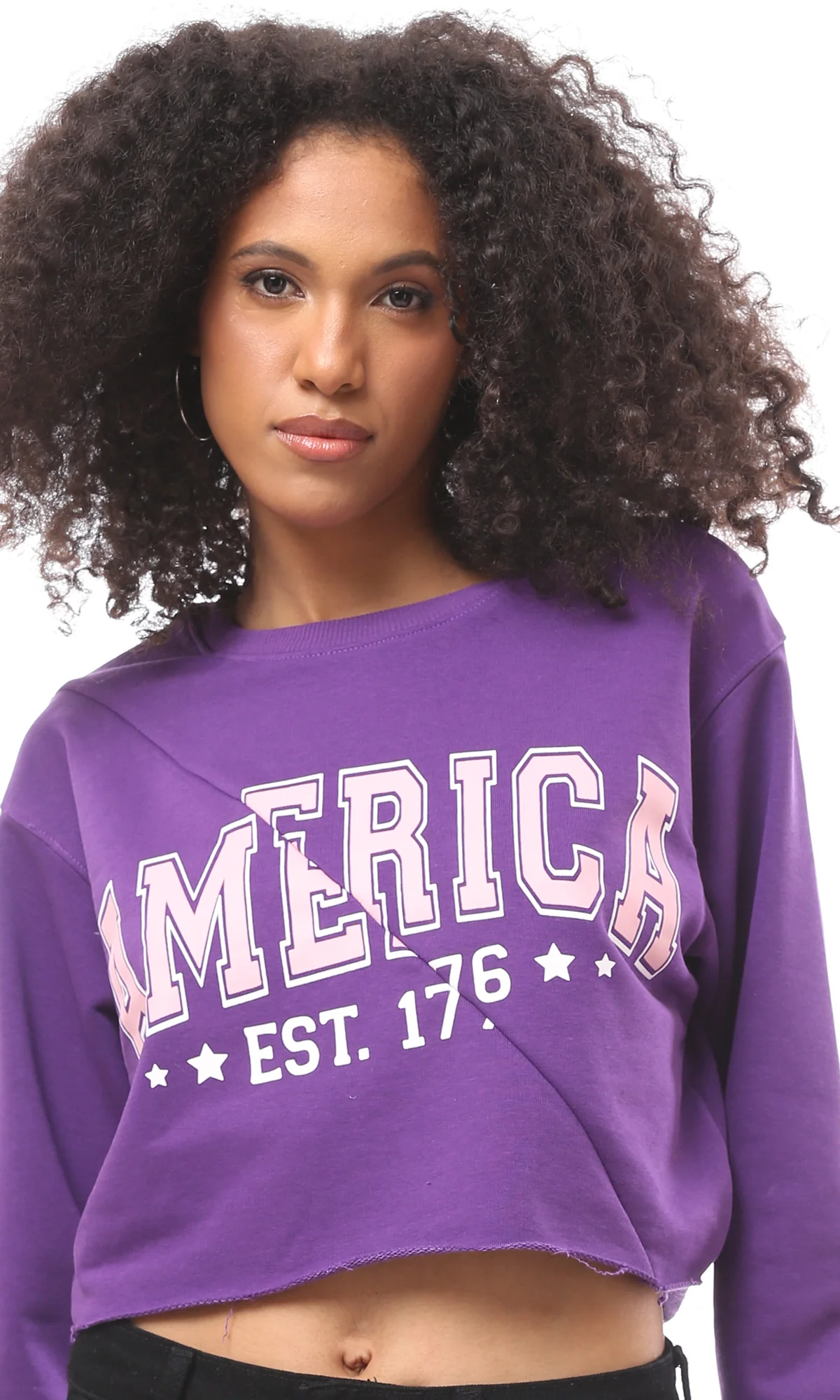 O175018 Front Cut Printed Purple Short Sweatshirt - Image 4