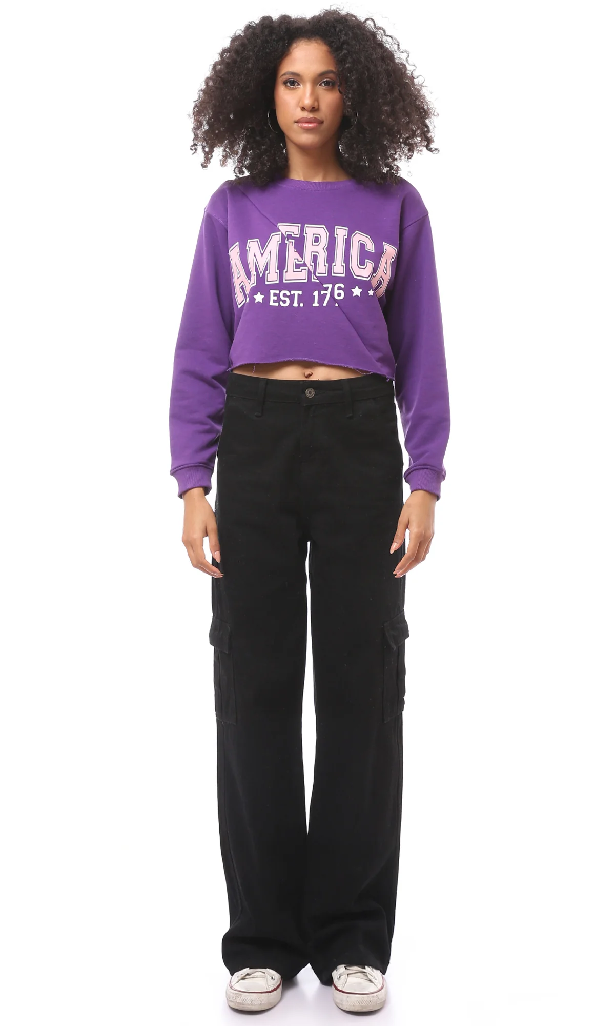 O175018 Front Cut Printed Purple Short Sweatshirt - Image 5
