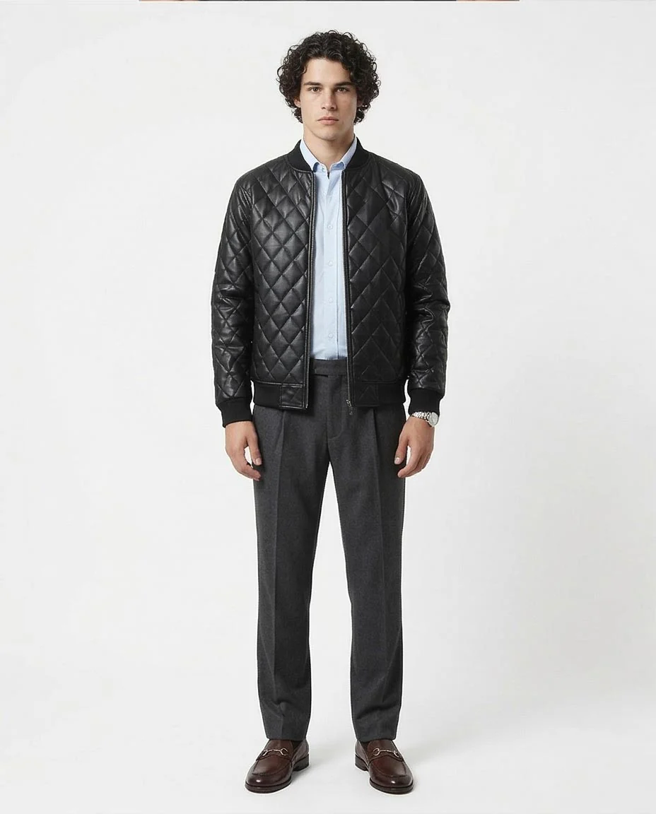 Ravin Men's Diamond-Quilted Faux Leather Bomber Jacket – Black - O176027 - Image 3