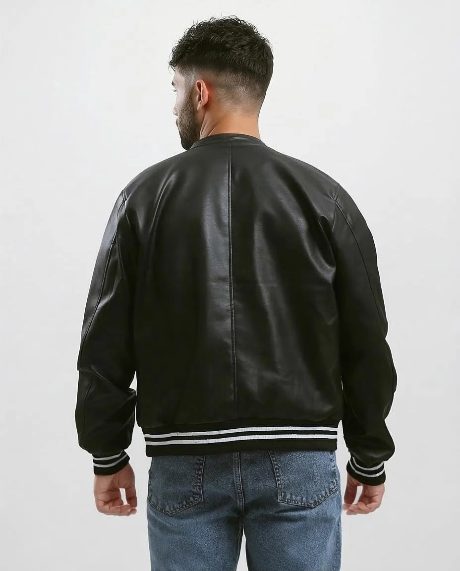 Ravin Men's Faux-Leather Varsity Bomber Jacket with Striped Ribbing - Black - O176030 - Image 2