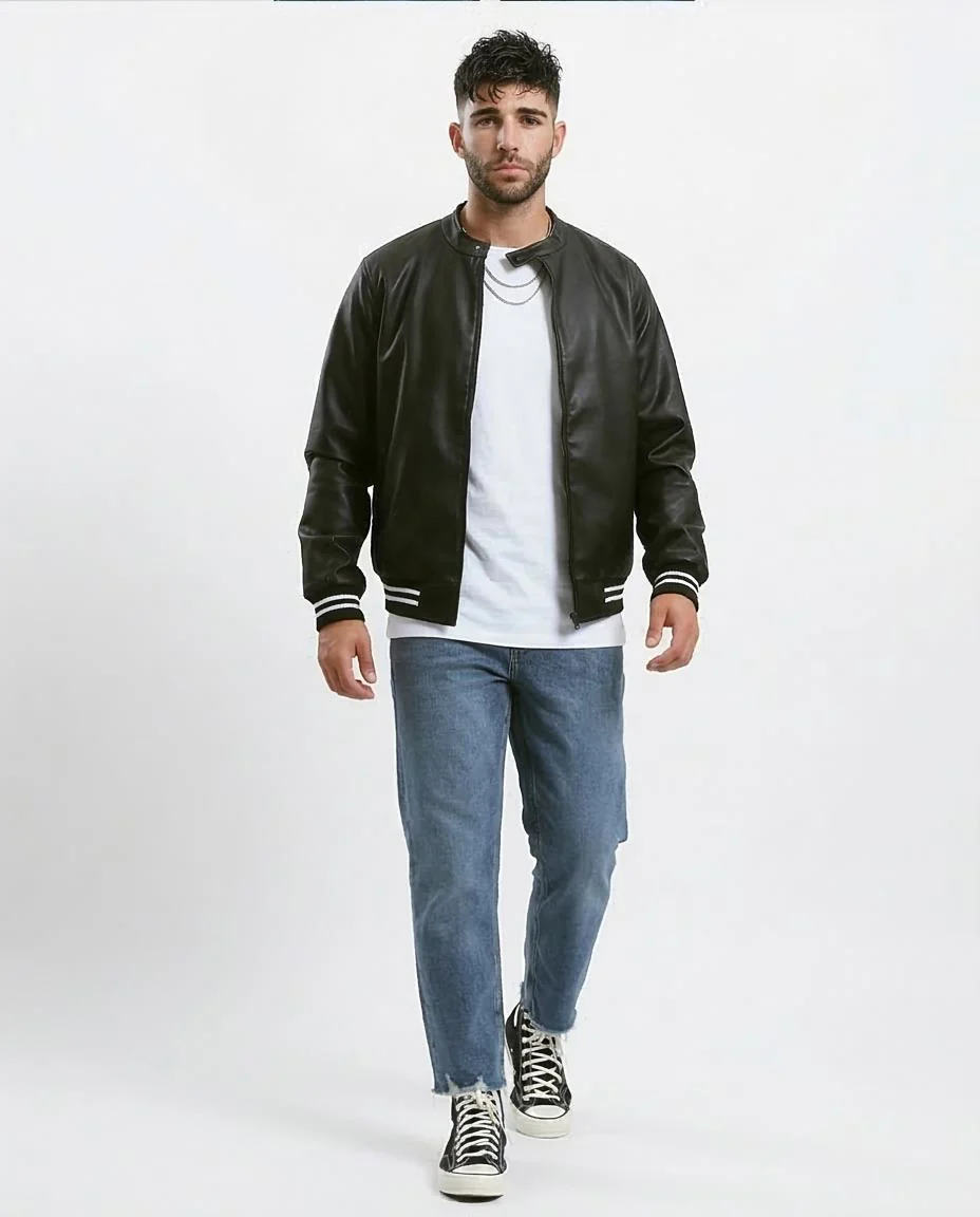 Ravin Men's Faux-Leather Varsity Bomber Jacket with Striped Ribbing - Black - O176030 - Image 3