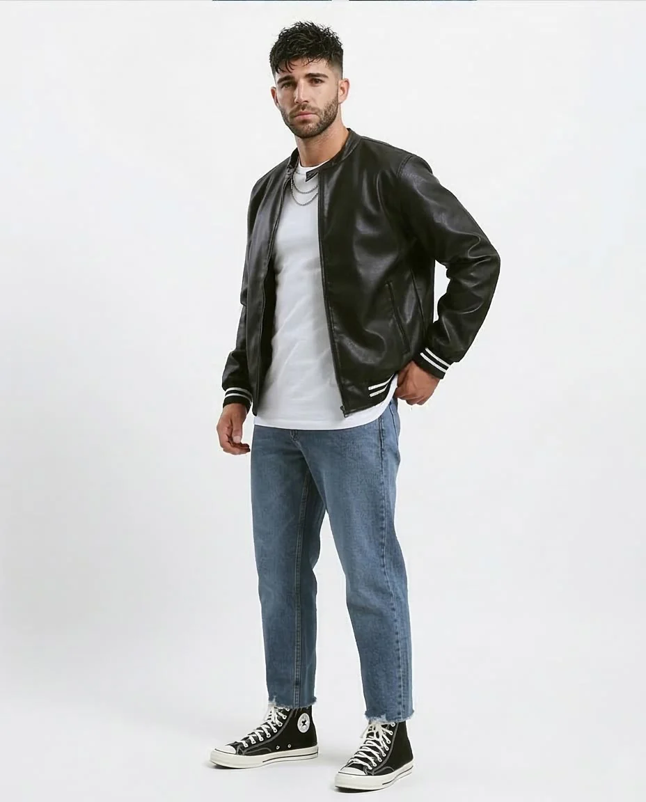 Ravin Men's Faux-Leather Varsity Bomber Jacket with Striped Ribbing - Black - O176030 - Image 5