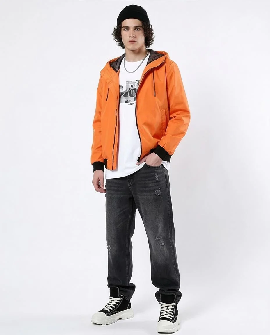 Ravin Men's Tech-Shell Hooded Windbreaker with Contrast Ribbing – Electric Orange - O176268 - Image 3