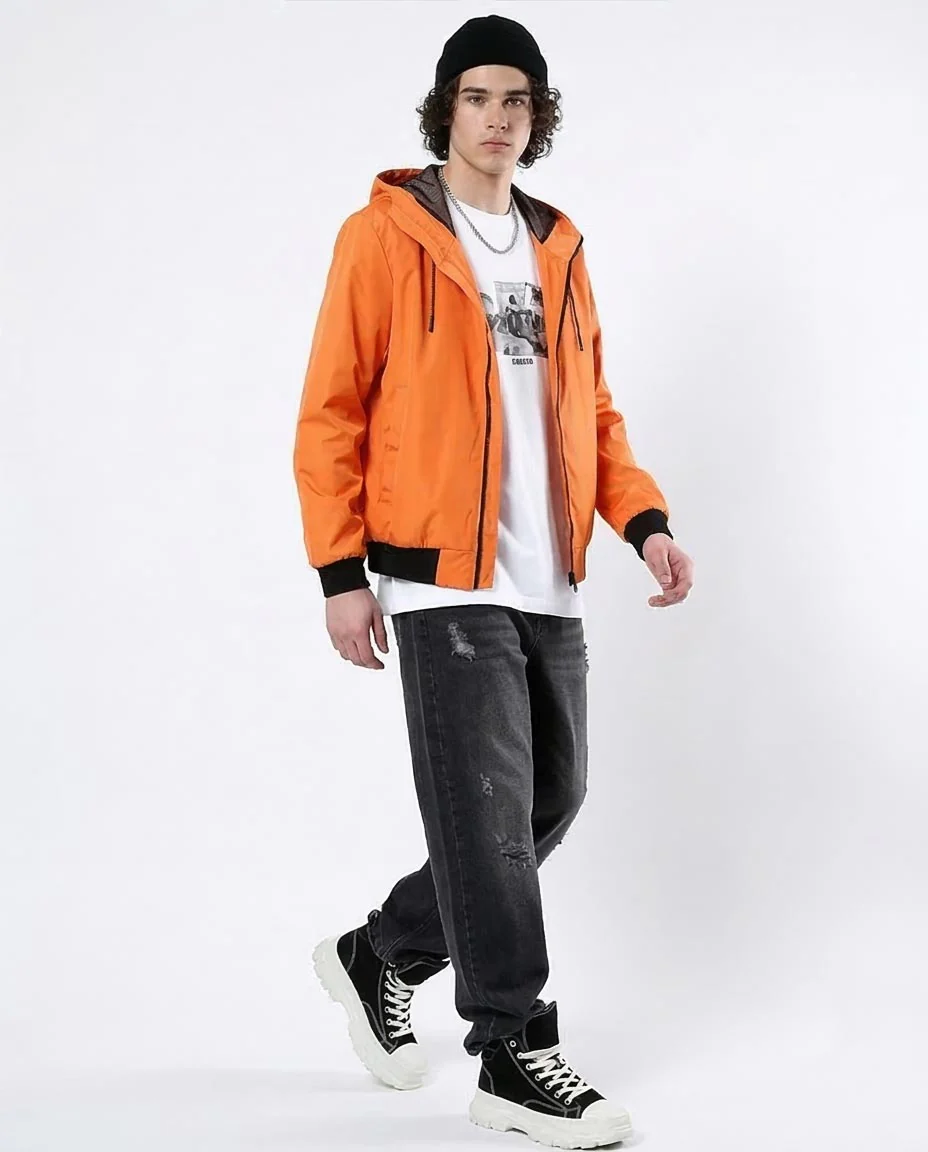 Ravin Men's Tech-Shell Hooded Windbreaker with Contrast Ribbing – Electric Orange - O176268 - Image 5
