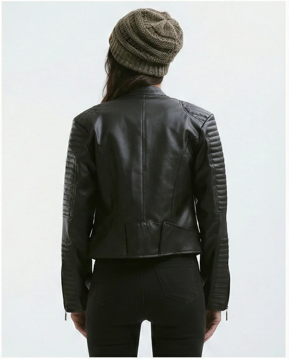 O176289 Stitched Sleeves Black Leather Biker Jacket - Image 2